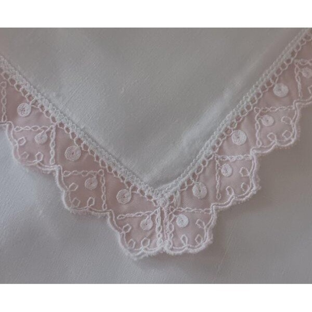 Set Vintage Linen Napkins Pink Embroidered Organdy Nylon Lace Trim Dinner Napkin